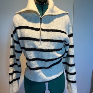 Striped Black and White Women's half -zip cozy collar semi crop Sweater